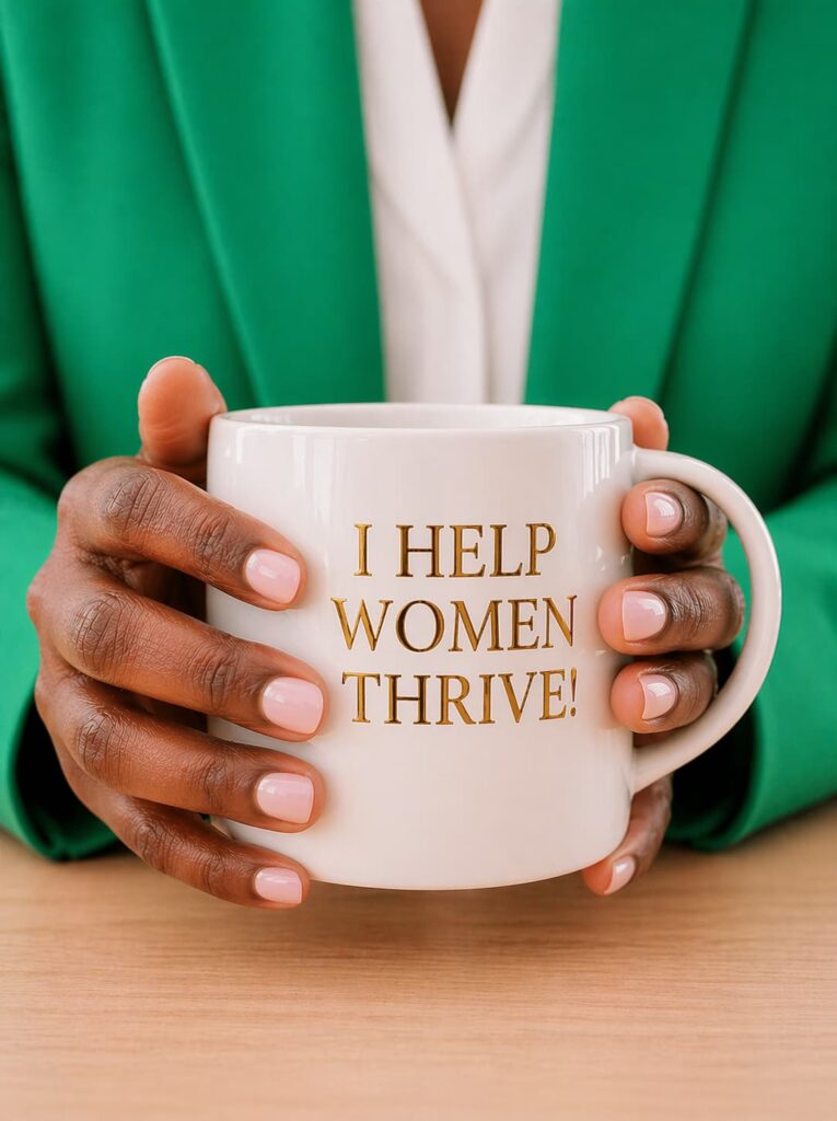 A close up of Dr. Iman Hypolite's hands holding a mug that reads I Help Women Thrive.